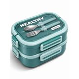 Vagonlife Healthy | Lunch Box 2 Katlı 3 Bölmeli Paslanmaz Çelik Yeni Nesil Sefer Tası - Çatal Kaşıklı -1650 ML (Yeşil)