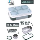 Vagonlife Lunch Box 1000 ml (Sızdırmaz,karışmaz 5 Hazneli) Yeni Nesil Sefer Tası -FFLBOX40097 - Yeşil