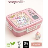 Vagonlife-Tek Kat Paslanmaz Çelik - Üç Bölmeli - Sos Kaseli - Yeni Nesil Çocuk Beslenme Kutusu - Lunch Box 820 Ml. - Pembe