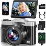 Vahoıald Dijital Kamera, 4K 64MP Otofokuslu Kamera, Wifi Özellikli Fotoğraf Kamerası, 32GB Kartlı 3" 180° Katlanır Ekranlı Dijital Kamera, Şarj Istasyonu, 2 Pilli Kamera, Yeni Başlayanlar Için Kompakt - Siyah
