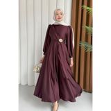 VAIMONI MODA Broş Detaylı Premium Kumaş Saten Tesettür Abiye-BORDO