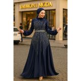 VAIMONI MODA Saten Taş Detaylı Uzun Tesettür Abiye (NİŞAN-DÜĞÜN)