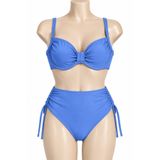 VAJESTO Kadın Mavi Likralı Esnek Şık Rahat Büyük Beden Battal Telli Balenli Yüksek Bel Bikini Takım