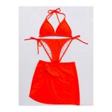 VAJESTO Kadın Neon Oranj 3 Lü Üçgen Bikini Takım Boyundan Bağlama İpli Alt Yırtmaçlı Pareo Etek Şık Plaj Kombini