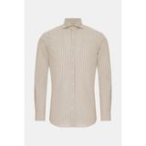 Vakko Beige Striped Pattern Cotton Linen Shirt - M - Bej