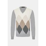 Vakko By Gran Sasso Diamond Pattern V-Neck Wool Cashmere Knit Sweater - Gri - 58