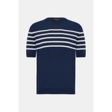 Vakko By Gran Sasso Navy Crew Neck Short Sleeve Linen-Cotton Knit Sweater - 56 - Mavi