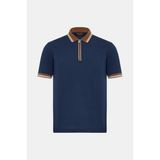 Vakko By Gran Sasso Navy Zippered Polo Collar Short Sleeve Cotton T-Shirt - 54 - Mavi