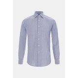 Vakko Striped Cotton Linen Casual Shirt - Mavi