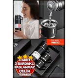Vakumlu Çay Kahve Sıcak Soğuk Siyah Piknik Kamp Termosu Paslanmaz Çelik 3 Bardaklı 500 Ml Termos Set