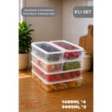 VALENT 6 Lı Set Sızdırmaz Fresh Saklama Kabı 2 adet 3000ml 4 adet 1400ml - Şeffaf - Buzdolabı Düzenleyici