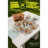 VALENT Hasır Piknik Sepeti ve 32 Parça 6 Kişilik Taşınabilir Piknik Seti - Düzenleyici Saklama Kutulu