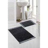 Valery Home Yıkanabilir Premium Ponpon Saçaklı Kaymaz Taban Post Peluş Banyo Paspası 2'Li Takım Antrasit