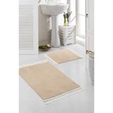 Valery Home Yıkanabilir Premium Ponpon Saçaklı Kaymaz Taban Post Peluş Banyo Paspası 2'Li Takım Bej