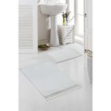 Valery Home Yıkanabilir Premium Ponpon Saçaklı Kaymaz Taban Post Peluş Banyo Paspası 2'Li Takım Beyaz