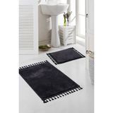Valery Home Yıkanabilir Premium Ponpon Saçaklı Kaymaz Taban Post Peluş Banyo Paspası Siyah 2'li Takım
