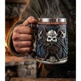 Valhalla Viking Paslanmaz Çelik Tek Kulplu Korna Kafatası İskandinav Viking Savaşçı Kafatası Kupa Maşrapa 600 Ml, Sıcak Soğuk İçecek Takımı Erkek Hediye