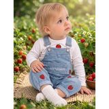 Valia Baby Çilek Nakışlı Uzun Kollu 2'li Mevsimlik Pamuklu Salopet Tulum Kız Bebek Çocuk - Mavi - Beyaz - 6 - 9 Ay