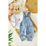 Valia Baby Kiraz Nakışlı Uzun Kollu 2'li Mevsimlik Salopet Tulum Kız Bebek Çocuk