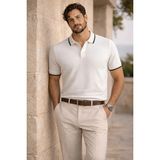 Valiberta Balzac Yakası Şeritli Düğmeli Polo Yaka Basic Günlük Petek Örgü Triko Erkek T-Shirt - Ekru
