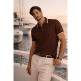 Valiberta Balzac Yakası Şeritli Düğmeli Polo Yaka Basic Günlük Petek Örgü Triko Erkek T-Shirt - Kahve