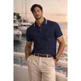 Valiberta Balzac Yakası Şeritli Düğmeli Polo Yaka Basic Günlük Petek Örgü Triko Erkek T-Shirt - Lacivert