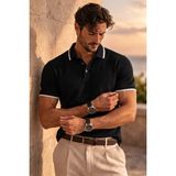 Valiberta Balzac Yakası Şeritli Düğmeli Polo Yaka Basic Günlük Petek Örgü Triko Erkek T-Shirt - Siyah