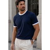 Valiberta Capra Yaka Kol Biyeli Basic Pamuk Likralı İki İplik Erkek T-Shirt - Lacivert