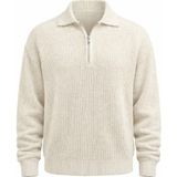 Valiberta Gibson Oversize Yarım Fermuar Gömlek Polo Yaka Selanik Örme Erkek Triko Kazak - Ekru - 2XL