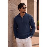 Valiberta Gibson Oversize Yarım Fermuar Gömlek Polo Yaka Selanik Örme Erkek Triko Kazak - Indigo - 2XL - İndigo