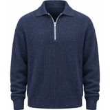 Valiberta Gibson Oversize Yarım Fermuar Gömlek Polo Yaka Selanik Örme Erkek Triko Kazak - Indigo - 2XL