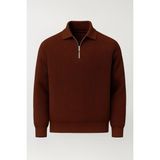 Valiberta Gibson Oversize Yarım Fermuar Gömlek Polo Yaka Selanik Örme Erkek Triko Kazak - Kahve - 2XL