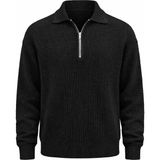Valiberta Gibson Oversize Yarım Fermuar Gömlek Polo Yaka Selanik Örme Erkek Triko Kazak - Siyah - 2XL