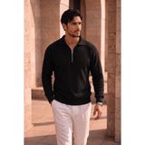 Valiberta Gibson Oversize Yarım Fermuar Gömlek Polo Yaka Selanik Örme Erkek Triko Kazak - Siyah - 2XL