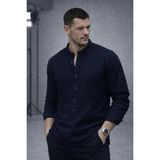 Valiberta Hafif ve Nefes Alabilir Erkek Müslin Yarım Pat Hakim Yaka Oversize Gömlek - Lacivert - 2XL