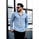 Valiberta Hafif ve Nefes Alabilir Erkek Müslin Yarım Pat Hakim Yaka Oversize Gömlek- Soğuk Mavi - Açık Mavi - XL