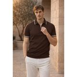 Valiberta Jared Yakası Şeritli Dik Çizgili Yarım Fermuar Ince Triko Erkek T-Shirt - Kahve - 2XL