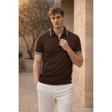 Valiberta Jared Yakası Şeritli Dik Çizgili Yarım Fermuar İnce Triko Erkek T-Shirt - Kahve