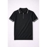 Valiberta Jared Yakası Şeritli Dik Çizgili Yarım Fermuar Ince Triko Erkek T-Shirt - Siyah - XL