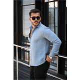 Valiberta Nefes Alabilir Yarım Oversize Müslin Kumaş Uzun Kol Yakalı Erkek Gömlek - Soğuk Mavi