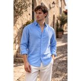 Valiberta Pera Kumaş Keten Görünümlü Yarım Oversize Uzun Kollu Erkek Gömlek - Açık Mavi - Acık Mavi - 2XL