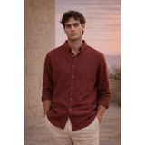 Valiberta Pera Kumaş Keten Görünümlü Yarım Oversize Uzun Kollu Erkek Gömlek - Bordo - 2XL