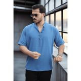 Valiberta Wes Oversize Yarım Pat Bambu Kısa kol Gömlek - Mavi - Saks