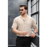 Valiberta Yarım Oversize Apaş Yaka Kısa Kol Müslin Kumaş Erkek Gömlek - Bej