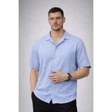 Valiberta Yarım Oversize Apaş Yaka Kısa Kol Müslin Kumaş Erkek Gömlek - Buz Mavi - Buz Mavisi - 2XL