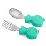 Valkyrie 304 Çelik Panda Bebek Kaşık Çatal SetiSilikon Saplı BPA İçermez Ergonomik Kaymaz Yeşil