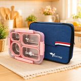 Valkyrie 304 Paslanmaz Çelik 4 Bölmeli Pembe Lunch Box Termal Çantalı – Sızdırmaz Beslenme Kabı, Çatal Kaşık Dahil - 1050 ml