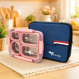 Valkyrie 304 Paslanmaz Çelik 4 Bölmeli Pembe Lunch Box Termal Çantalı – Sızdırmaz Beslenme Kabı, Çatal Kaşık Dahil