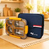 Valkyrie 304 Paslanmaz Çelik 4 Bölmeli Sarı Lunch Box Termal Çantalı – Sızdırmaz Beslenme Kabı, Çatal Kaşık Dahil