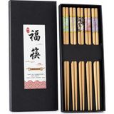 Valkyrie 5 Çift 24CM Bambu Desenli Yemek Çubuğu Seti Hediyelik Kutulu Japon Sushi Chopstick - Ahşap